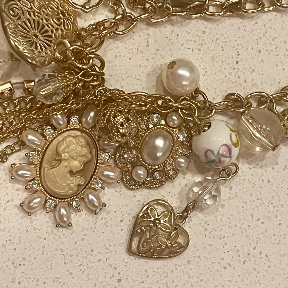 Gold Charm Necklace with Pearls and Heart Accents